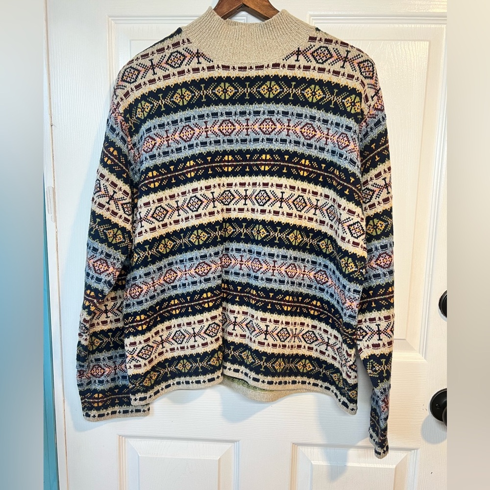 Nordic Fair Isle Smock Neck Sweater Large 100% Cotton